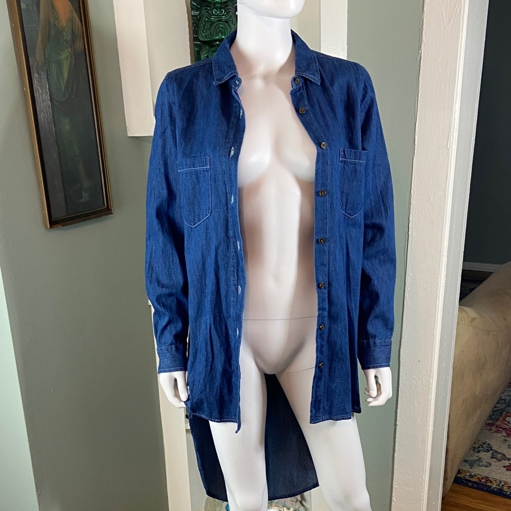 Say What? Denim Chambray High Low Tuxedo Shirttail Tunic Shirt Blouse Top Medium - Picture 8 of 11